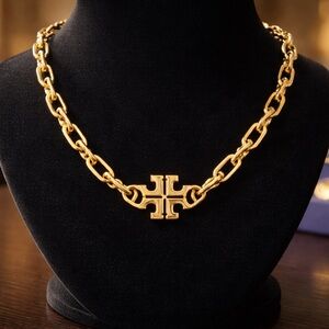 Tory Burch Gold Chain Necklace with Logo Pendant